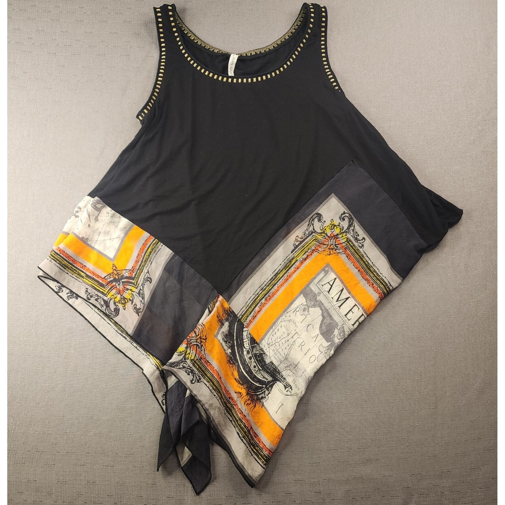 Pianurastudio Black Silk Asymmetrical Hem Scarf Top Map Print Studded Small